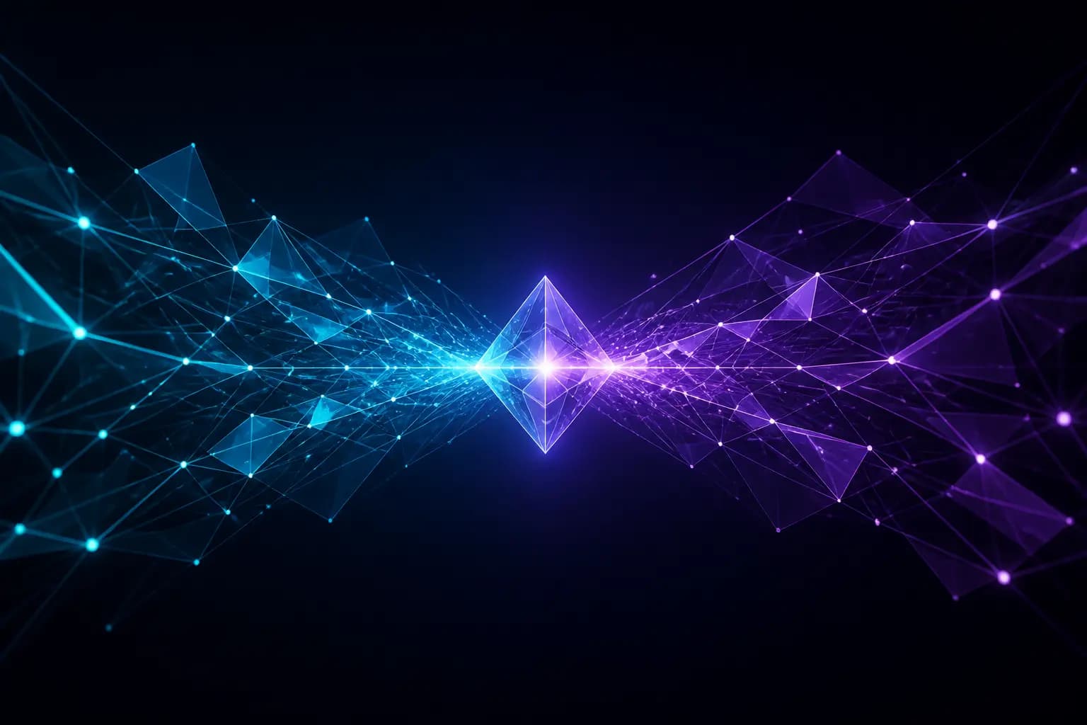 Abstract visualization of two advertising networks meeting at a shared technology hub