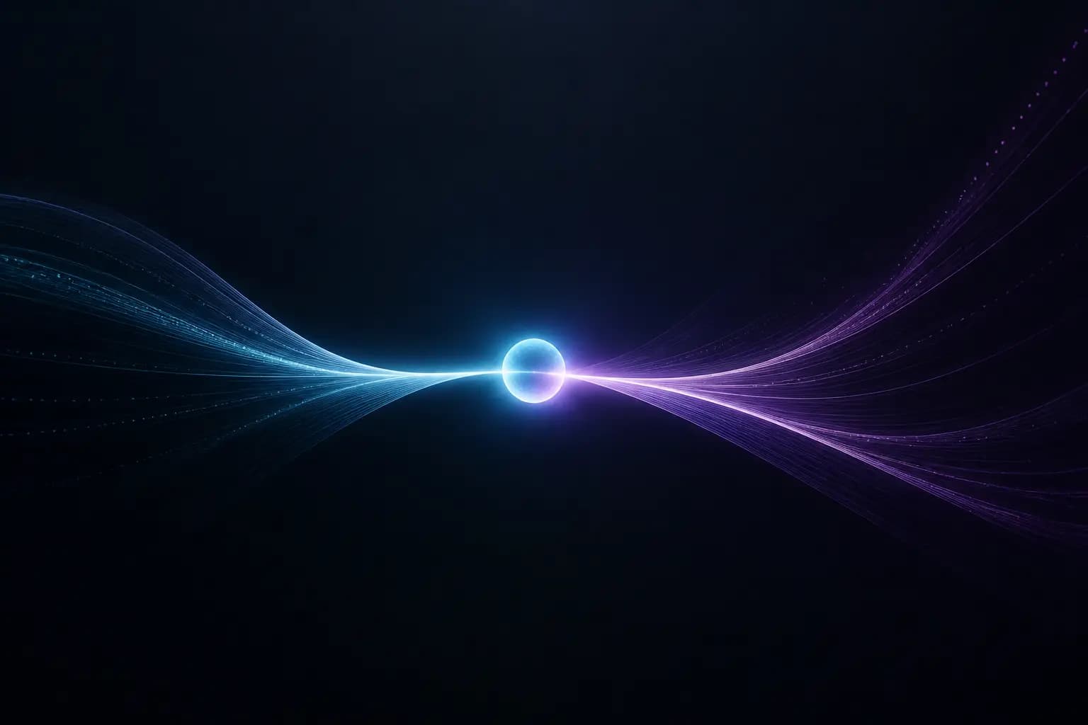 Abstract visualization of two light streams meeting at a shared node